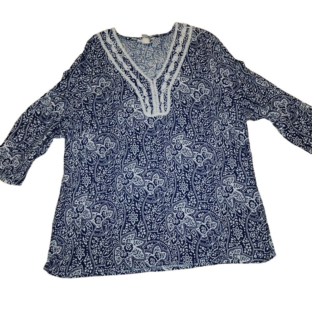 Marisa Christina Ladies Blue And White Linen Blouse Size 3X